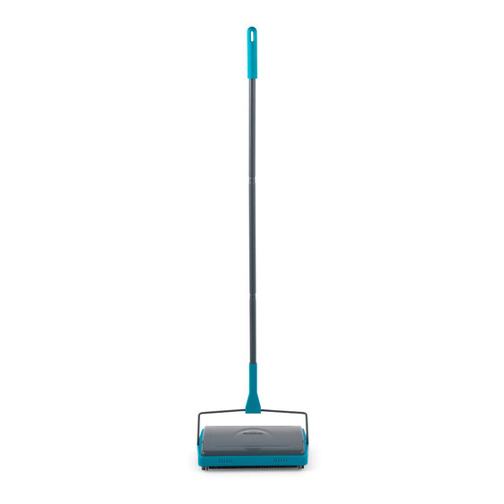 Manual carpet sweeper in blue with long handle, shown upright on white background