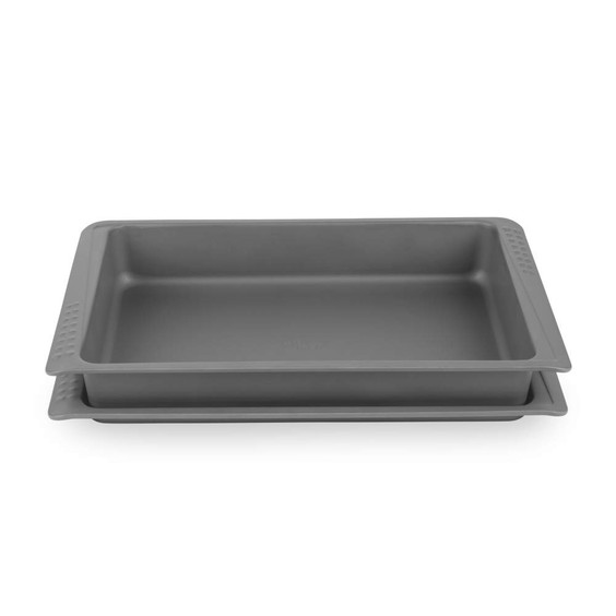 Set of two grey non-stick rectangular baking trays, shown stacked