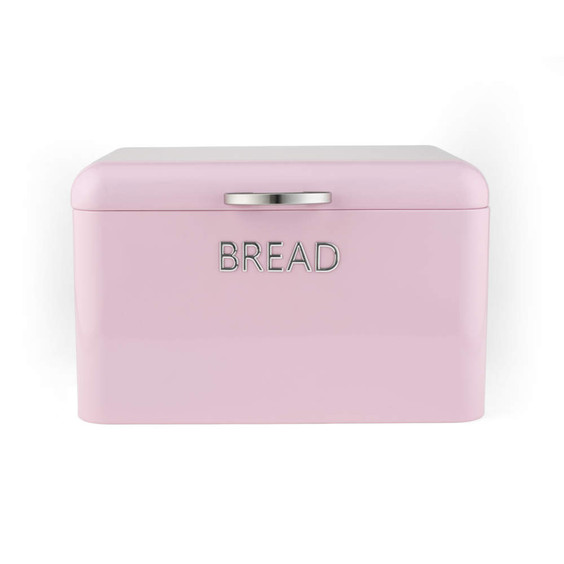 Pink metal bread bin with chrome handle, shown from the front.