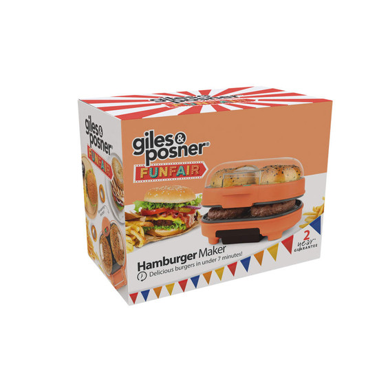Boxed orange hamburger maker with funfair design, showing burgers, buns and fries.