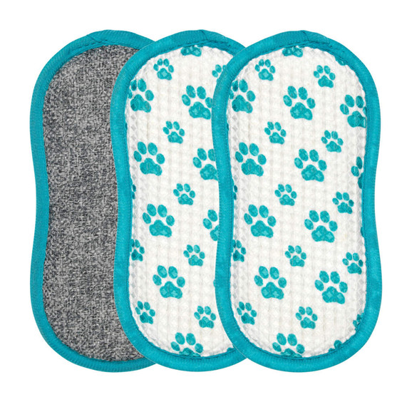 Set of three reusable pet cleaning pads with turquoise trim and paw print design