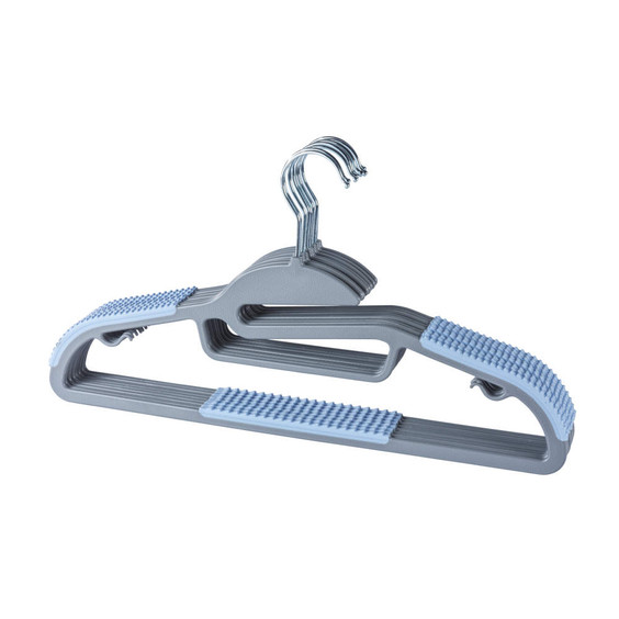 Set of grey clothes hangers with light blue non-slip pads, angled front view