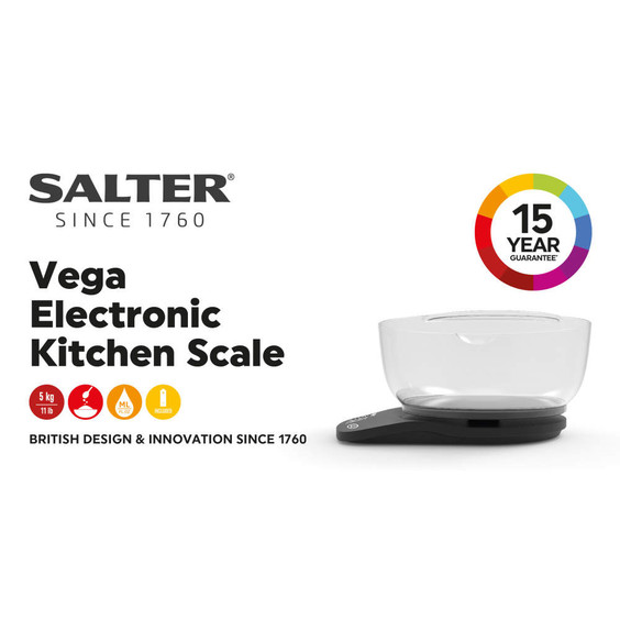 Black Salter Vega Electronic Kitchen Scale with bowl, 15 year guarantee badge