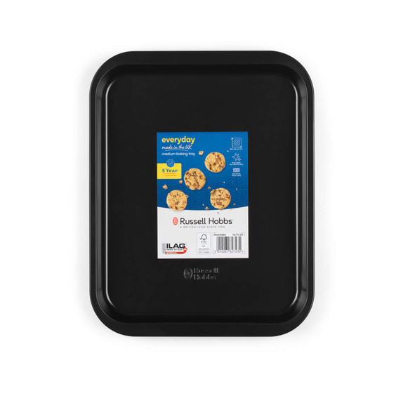 Black medium baking tray with Russell Hobbs packaging, shown flat on white background