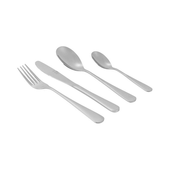 Four-piece stainless steel cutlery set: fork, knife, dessert spoon and teaspoon