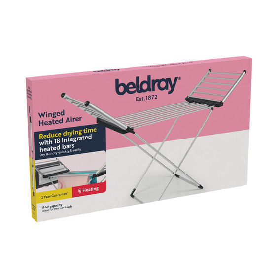 Winged heated airer with 18 heated bars, in packaging. Pink and white box.