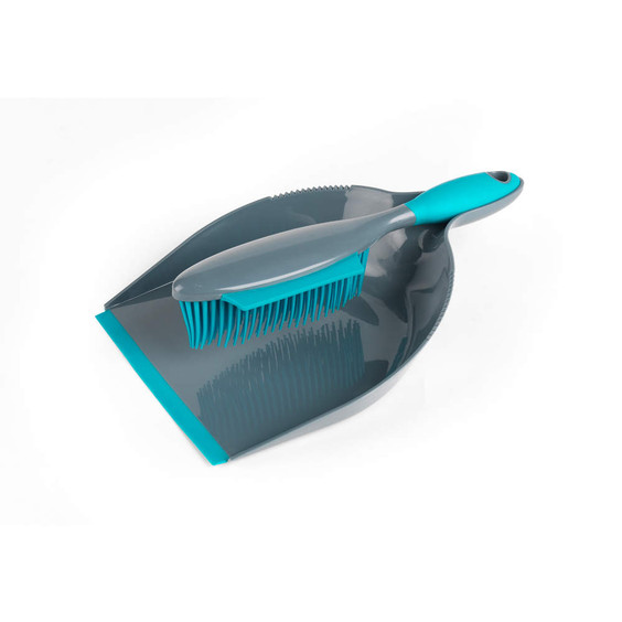 Grey and blue silicone dustpan and brush set shown on a white background