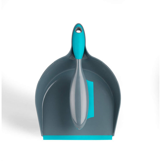 Grey and blue dustpan and brush set, shown nested together, cleaning accessory