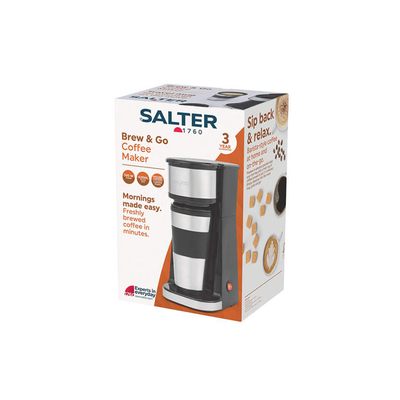 Salter Brew & Go coffee maker in black and silver, product packaging front view