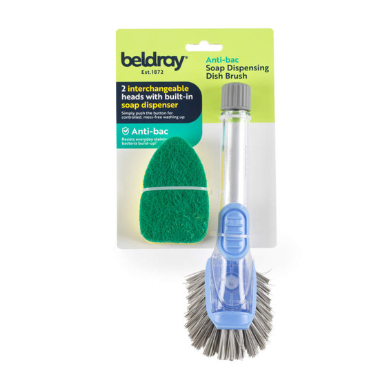Anti-bac soap dispensing dish brush with blue handle, spare green sponge head, in retail pack