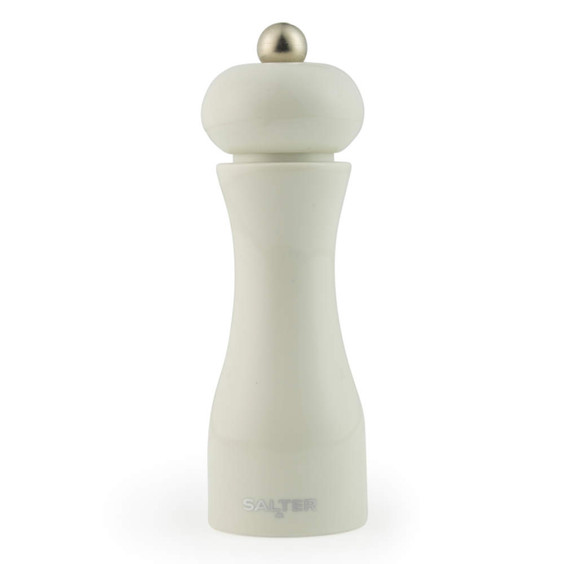 White manual pepper mill with curved shape and metal knob, front view