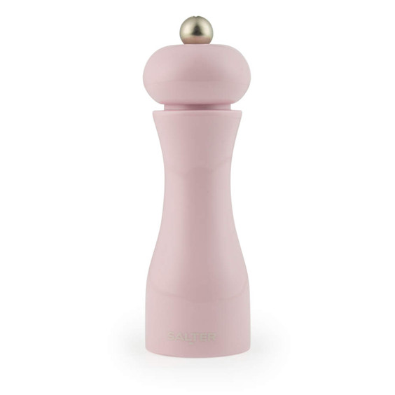 Pink pepper mill with rounded top and gold knob, shown upright on white background