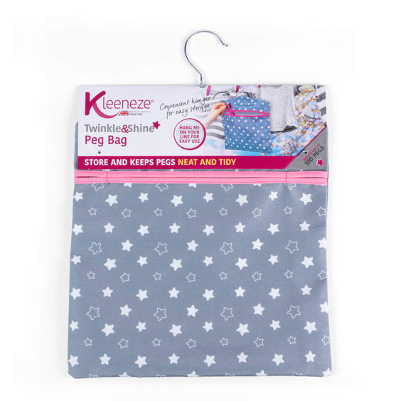 Grey peg bag with white stars and pink trim, hanging on a clothes hanger.