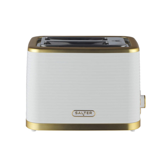 White and gold 2-slice toaster with ridged finish, front controls and browning dial.