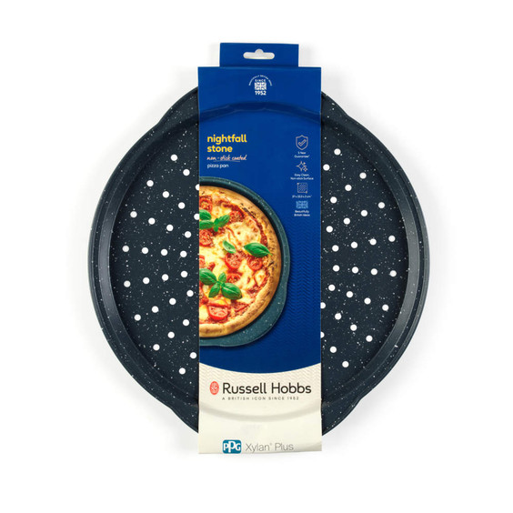 Non-stick perforated pizza pan, dark blue, shown with Russell Hobbs packaging