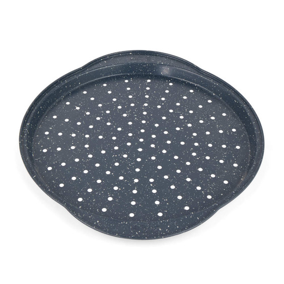 Blue perforated pizza tray with speckled finish, shown on white background