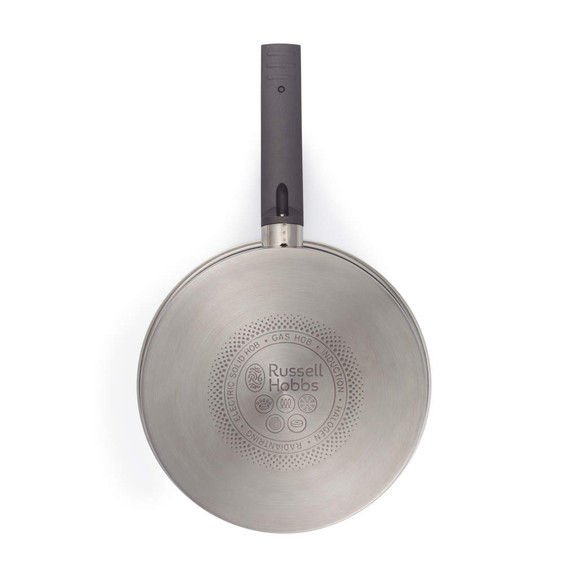 Silver Russell Hobbs frying pan, view of base showing compatibility symbols