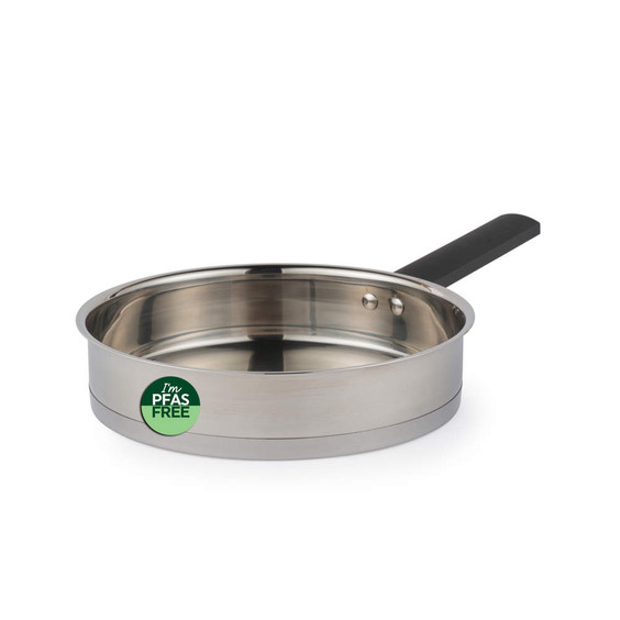 Stainless steel frying pan with black handle, PFAS free label on side