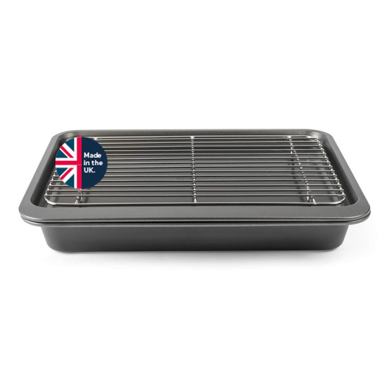 Grey roasting tin with wire rack, 'Made in the UK' badge in corner