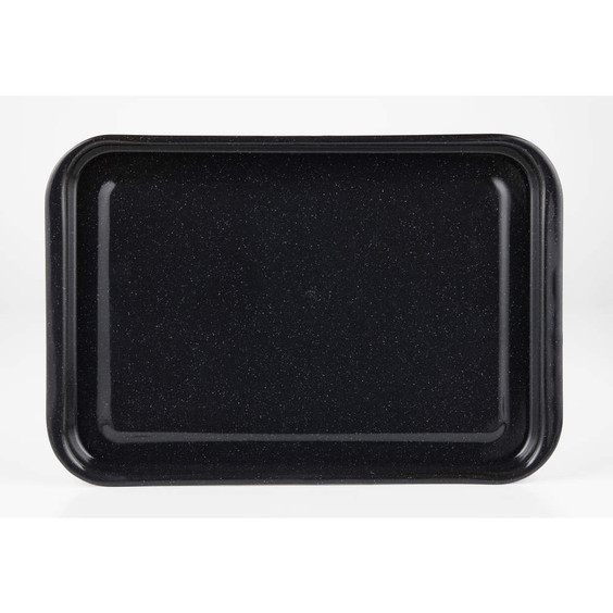 Large black speckled enamel oven tray with rounded corners, shown from above.