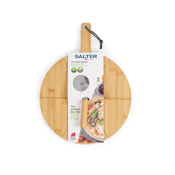 Bamboo pizza board and cutter set with handle, ideal for serving pizza