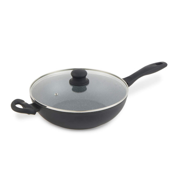 Non-stick black frying pan with glass lid and side handle