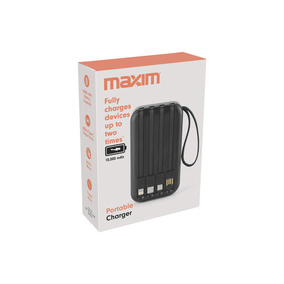 Black portable charger box with orange brand name, 10,000mAh capacity, USB ports shown on packaging
