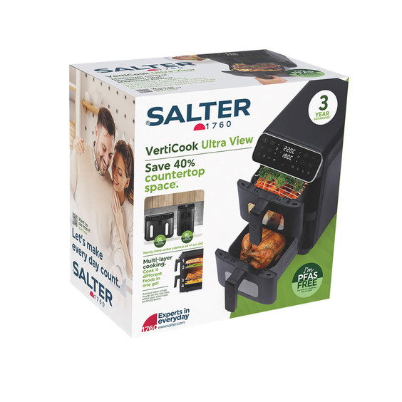 Salter VertiCook Ultra View air fryer box with multi-layer cooking and 40% space saving