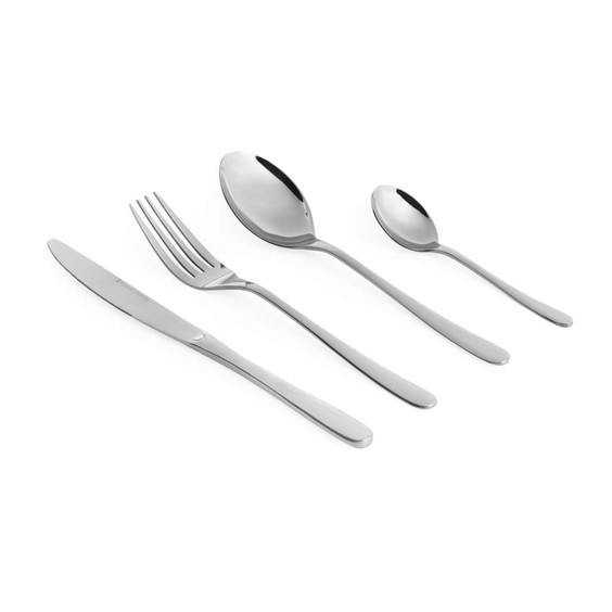 Set of four stainless steel cutlery pieces: knife, fork, dessert spoon, teaspoon.