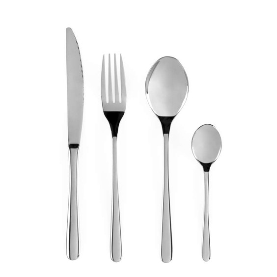 Set of four silver stainless steel cutlery pieces on white background