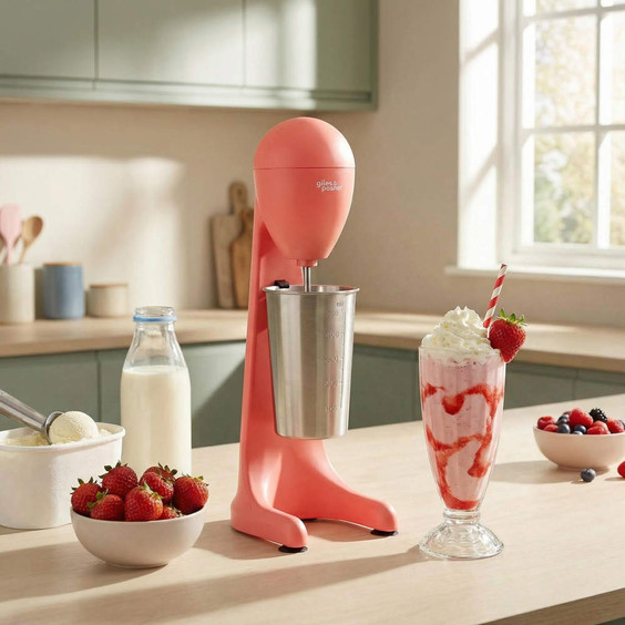 Red milkshake mixer on kitchen counter with strawberries, milk, and prepared milkshake