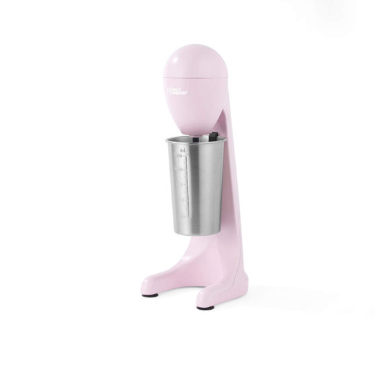 Pink retro-style milkshake maker with stainless steel mixing cup, product image.