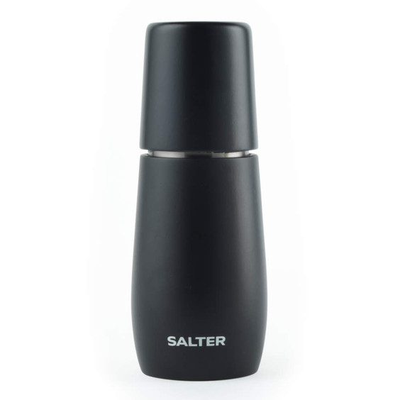 Black Salter grinder with matte finish, front view.