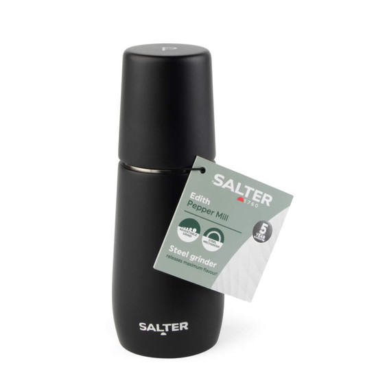 Black Salter Edith pepper mill with steel grinder, shown upright with product tag attached