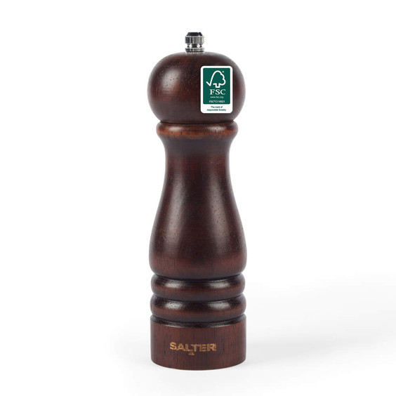 Dark wood pepper mill with FSC certification badge, photographed upright.