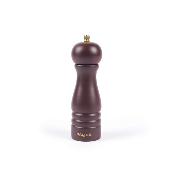 Red wooden pepper mill with gold knob, branded Salter, shown upright on white background