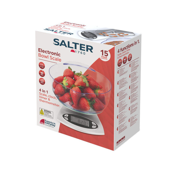 Salter electronic bowl scale retail box showing 4-in-1 features, with strawberries in bowl