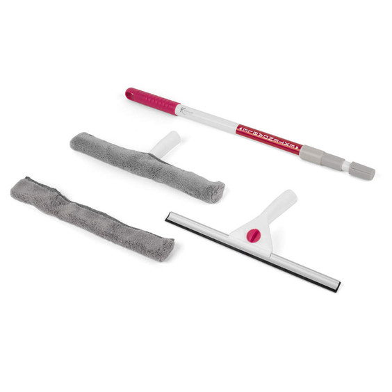 Window cleaning kit with extendable pink and white handle, squeegee, and two grey microfibre sleeves