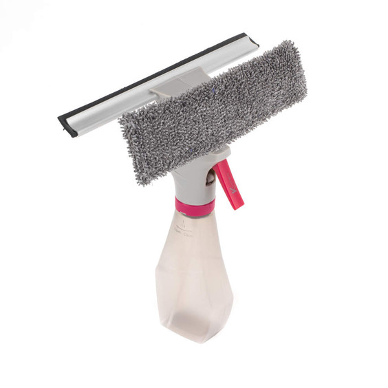 Spray bottle window cleaner with grey microfibre pad and squeegee, pink trigger
