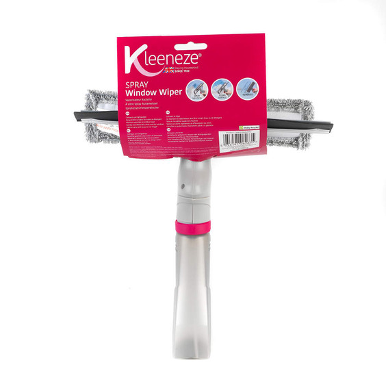 Kleeneze spray window wiper with grey microfiber head and pink accent, in packaging