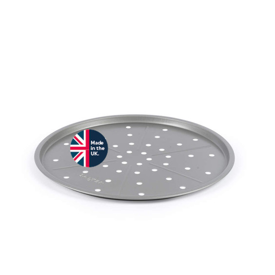 Grey non-stick pizza tray with holes, shown at angle, circular 'Made in UK' badge.