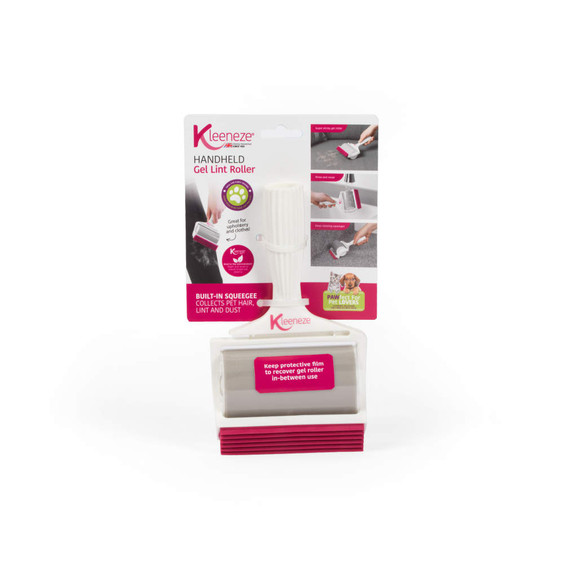 Handheld gel lint roller in pink packaging, suitable for removing pet hair and dust.