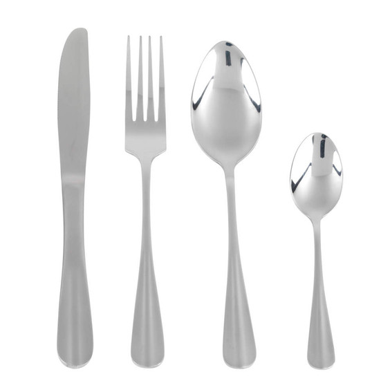 Set of four silver stainless steel cutlery pieces: knife, fork, tablespoon and teaspoon.