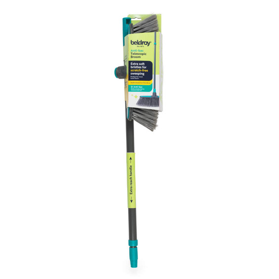 Anti-bac telescopic broom with extra soft bristles, in packaging, front view.