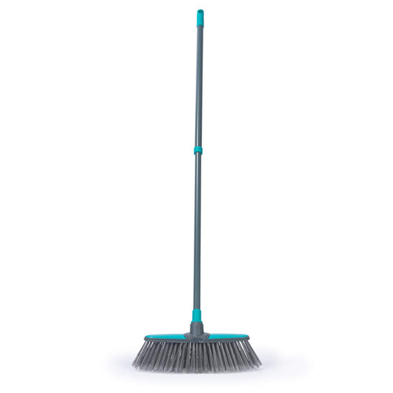 Blue and grey indoor broom with long handle, shown upright on white background