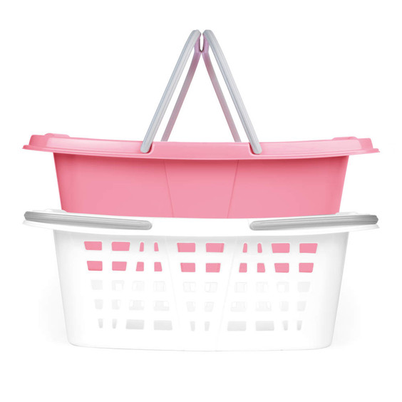 Set of pink lidded laundry basket and white ventilated basket with grey handles