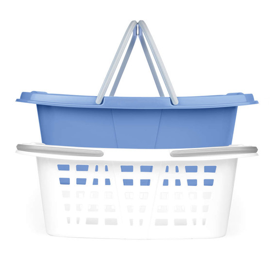 White laundry basket with grey handles stacked inside blue plastic storage box with lid