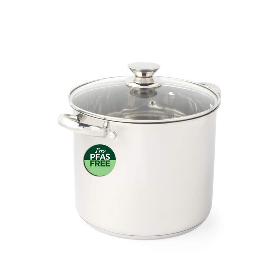 Large silver stock pot with glass lid and green PFAS free label on side
