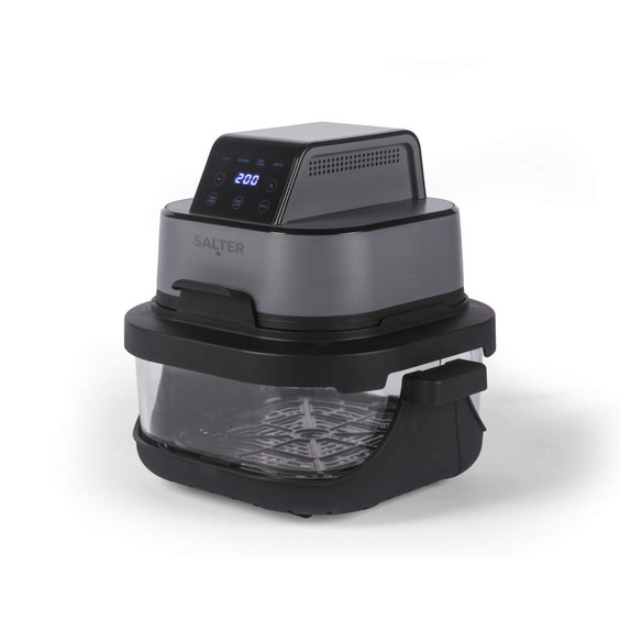 Salter grey digital air fryer oven with clear basket, shown front angle
