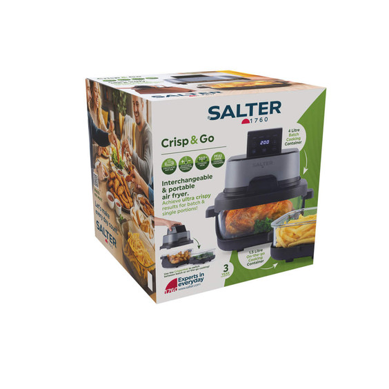 Salter Crisp & Go air fryer packaging showing product image, key features, and batch size